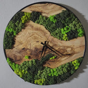 Moss and Olive Wood Wall Clock with Metal Frame | Modern Rustic Wall Art