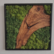 Moss Olive Wood Wall Clock with Metal Frame | Handmade Preserved Moss Wall Art