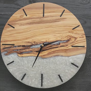 White Resin and Live Edge Olive Wood Wall Clock