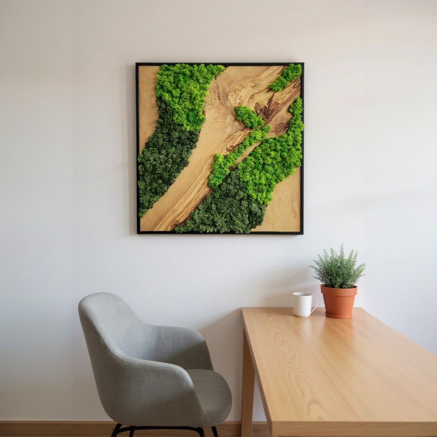 Custom Moss and Olive Wood Wall Art | Metal Frame