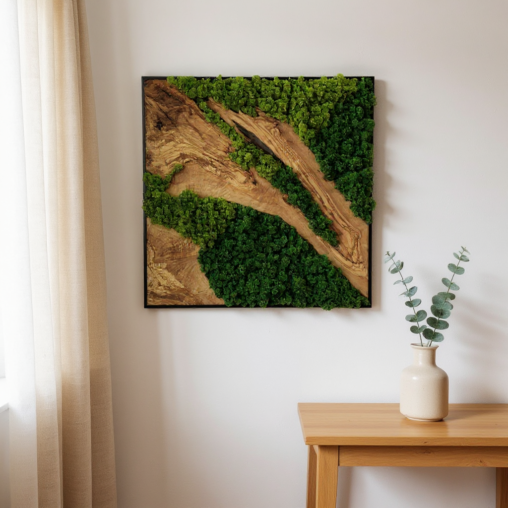 Bring Nature Indoors with Unique Custom Made Olive Wood and Moss Wall Art