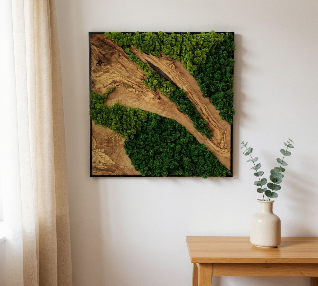 Bring Nature Indoors with Unique Custom Made Olive Wood and Moss Wall Art