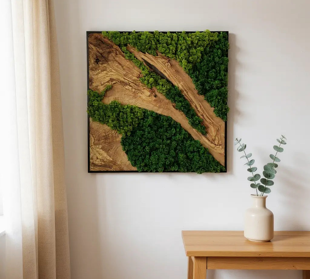 Bring Nature Indoors with Unique Custom Made Olive Wood and Moss Wall Art