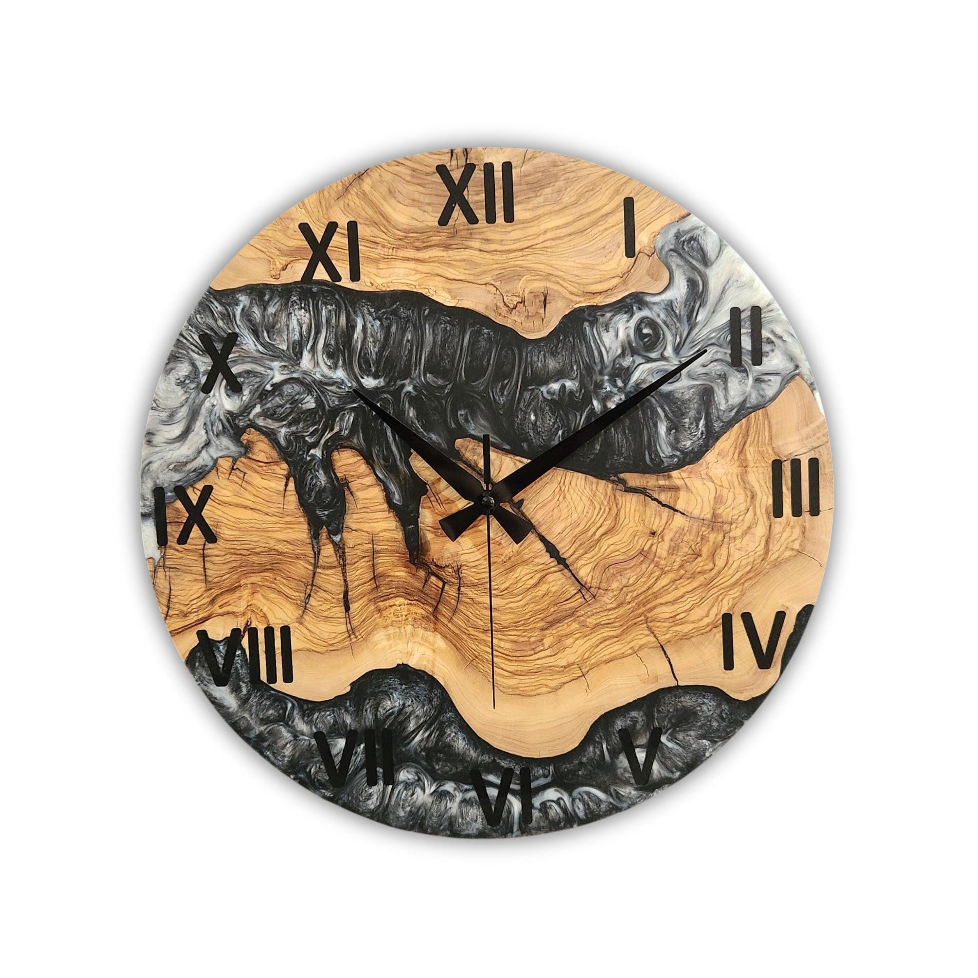 Black & White Epoxy Resin Olive Wood Wall Clock | Live Edge Design
