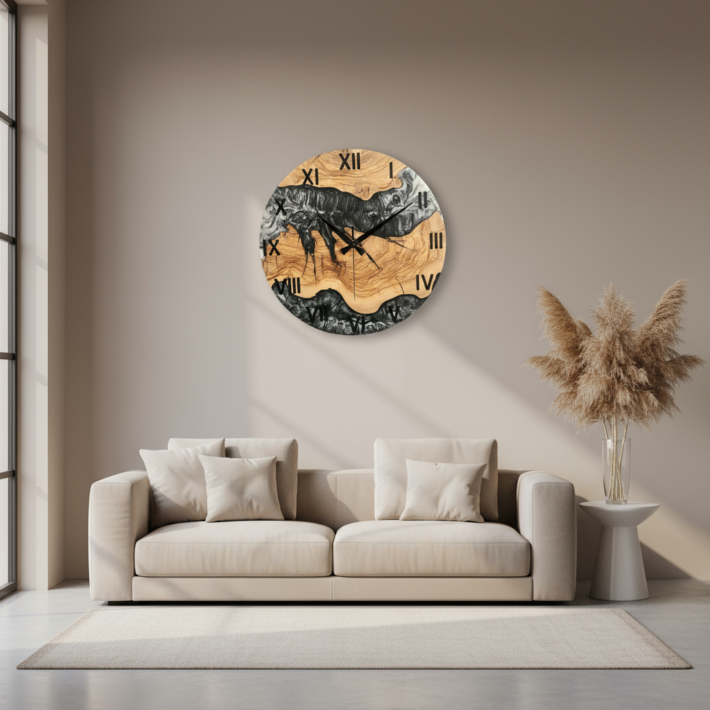 Black & White Epoxy Resin Olive Wood Wall Clock | Live Edge Design