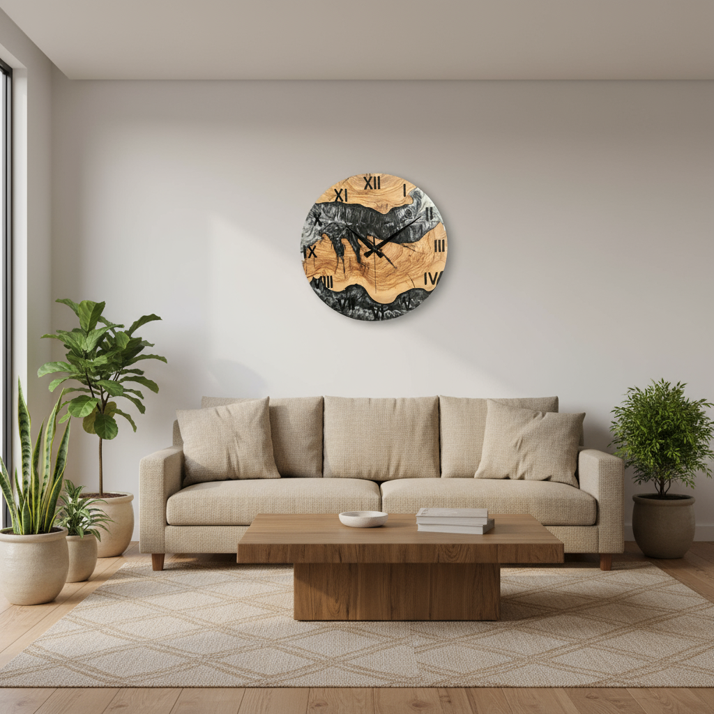 Black & White Epoxy Resin Olive Wood Wall Clock | Live Edge Design