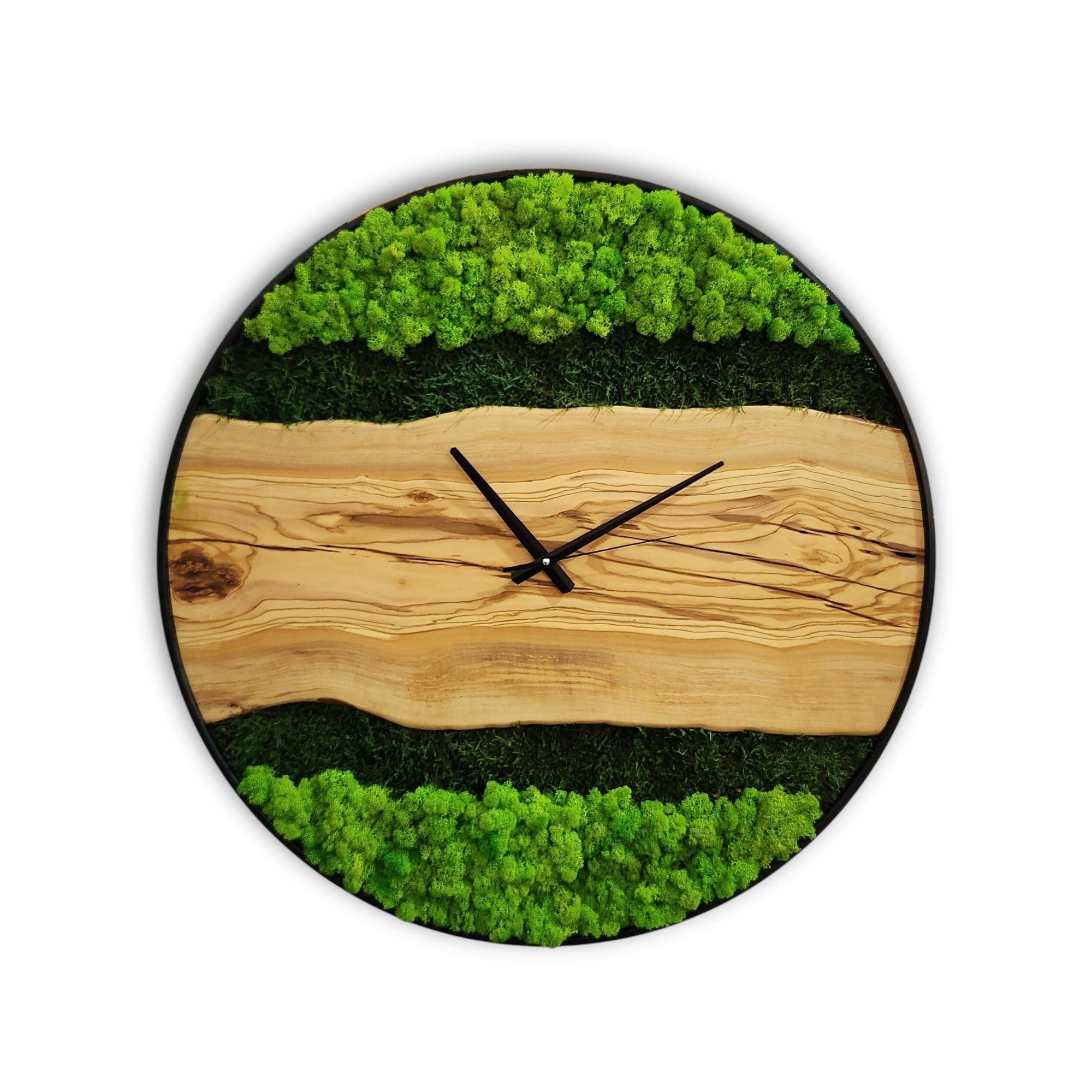 Moss & Olive Wood Wall Clock with Metal Frame