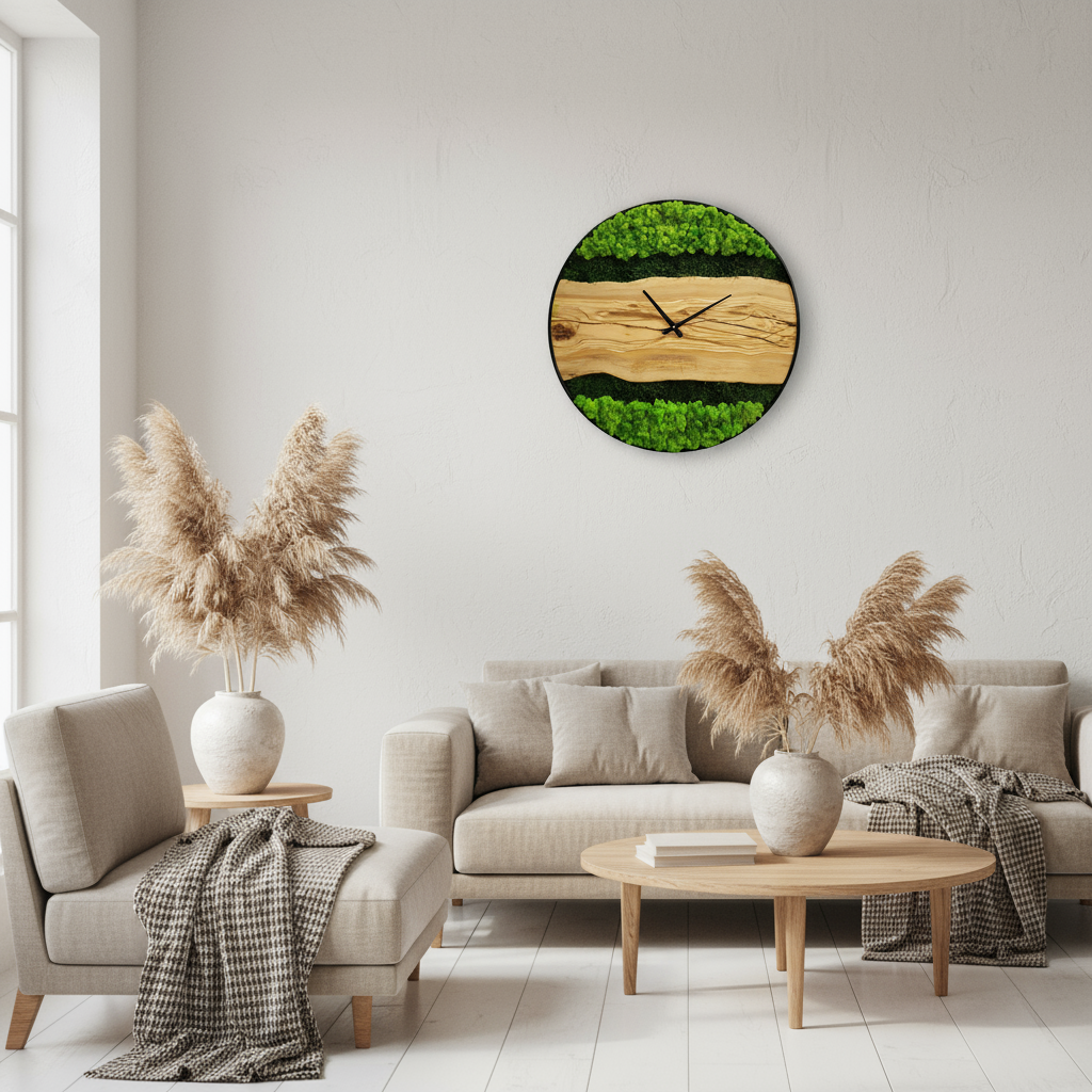 Moss & Olive Wood Wall Clock with Metal Frame