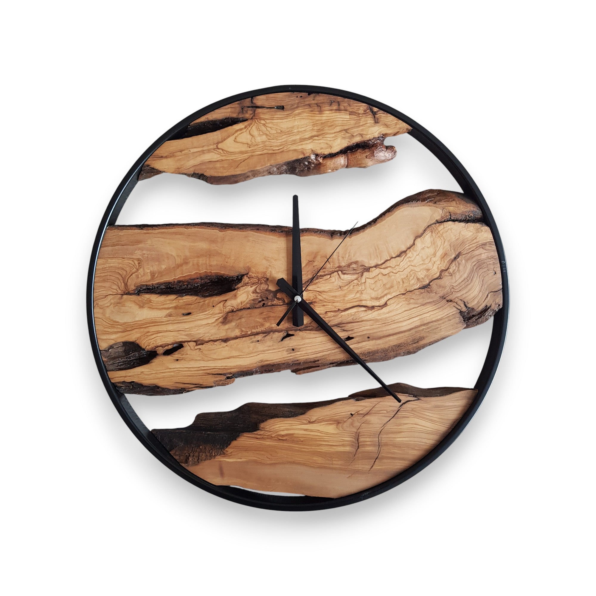 Handmade Olive Wood and Metal Wall Clock | Rustic Farmhouse Decor