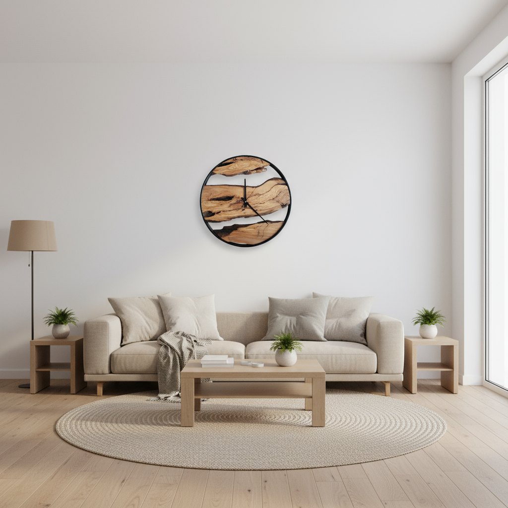 Handmade Olive Wood and Metal Wall Clock | Rustic Farmhouse Decor
