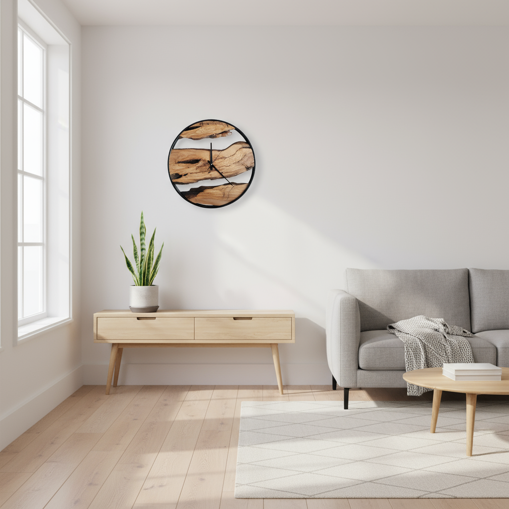 Handmade Olive Wood and Metal Wall Clock | Rustic Farmhouse Decor