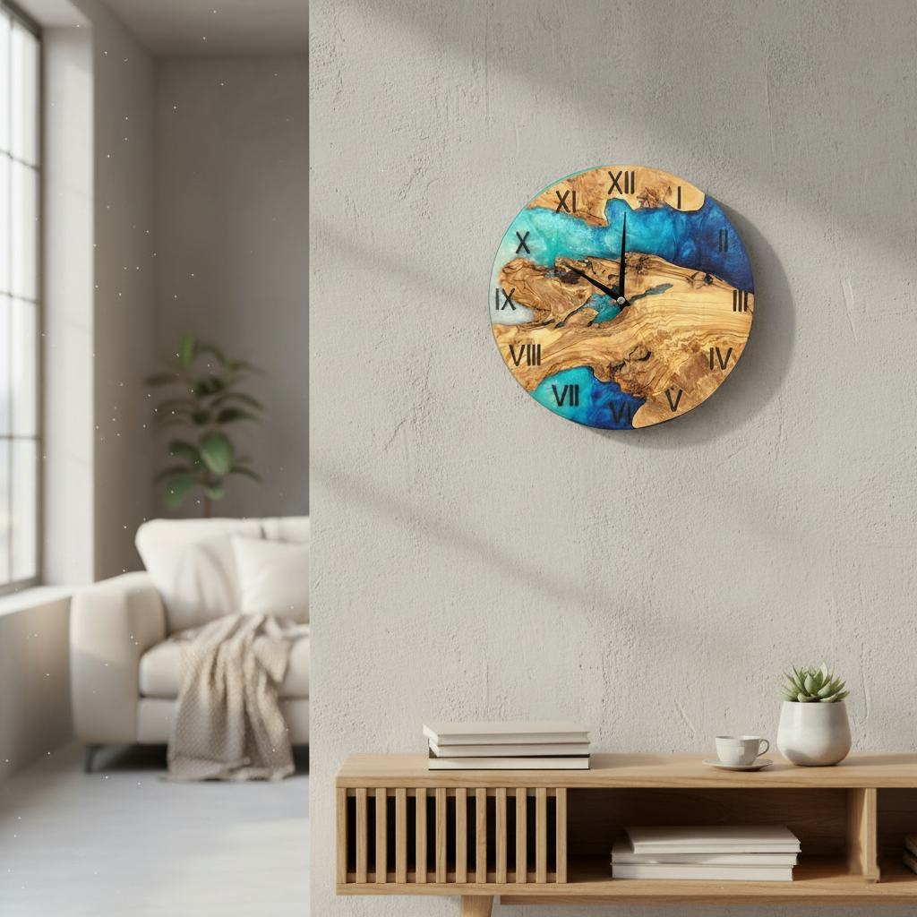 Sea Harmony | Resin & Olive Wood Wall Clock