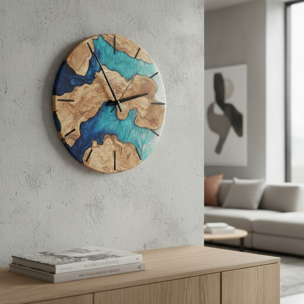 Ocean Fusion | Resin & Olive Wood Wall Clock