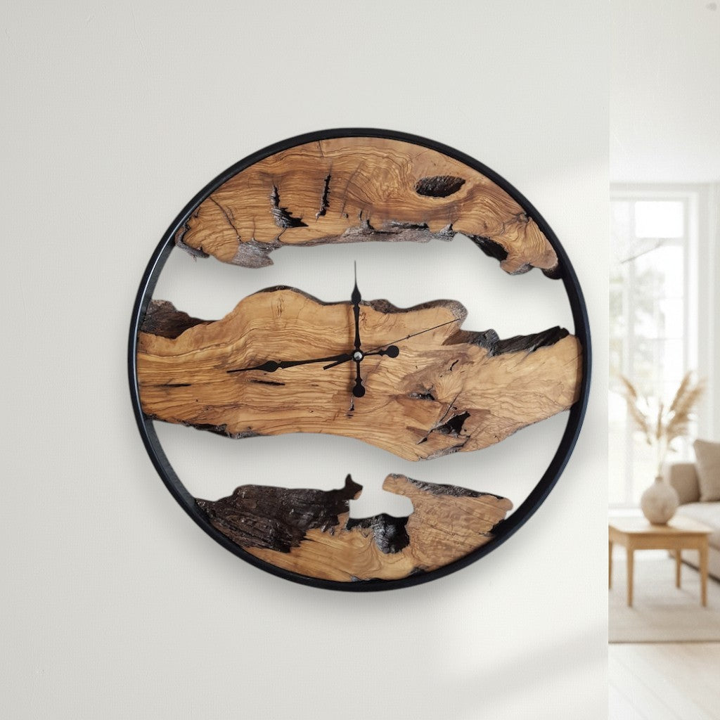 Rustic Time | Olive Wood and Metal Wall Clock