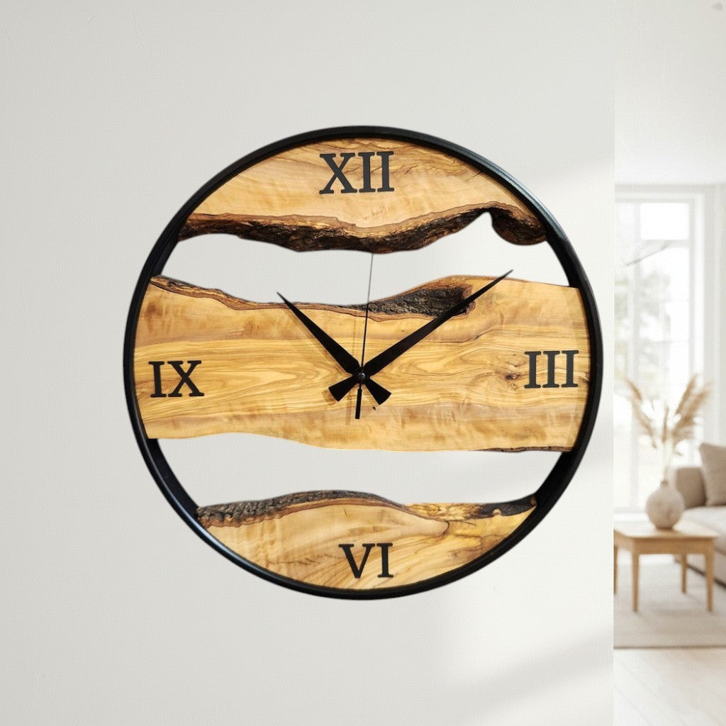 Natural Rhythm | Olive Wood Wall Clock with Metal Ring & Epoxy Roman Numerals