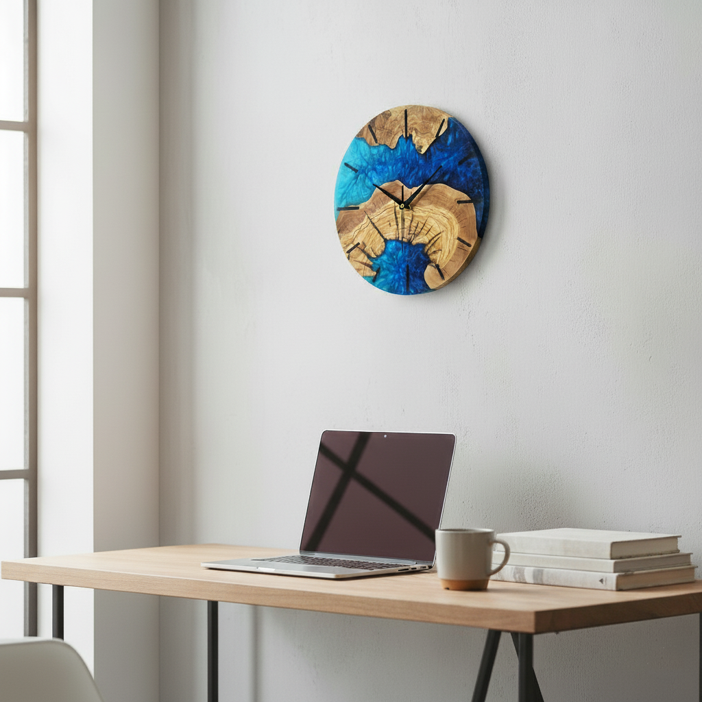Blue Essence | Resin & Olive Wood Wall Clock