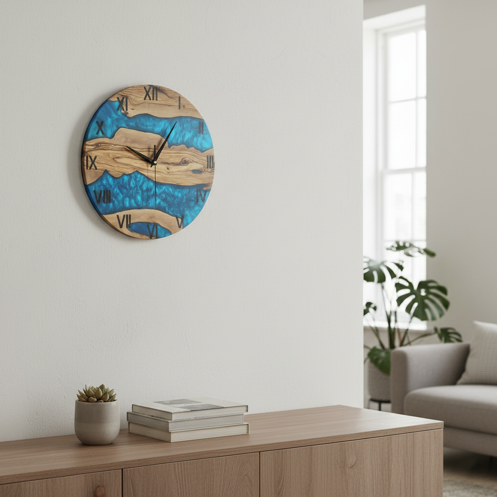 Aqua Roots | Resin & Olive Wood Wall Clock