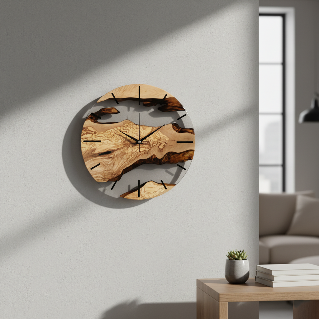 Transparent Earth | Resin & Olive Wood Wall Clock
