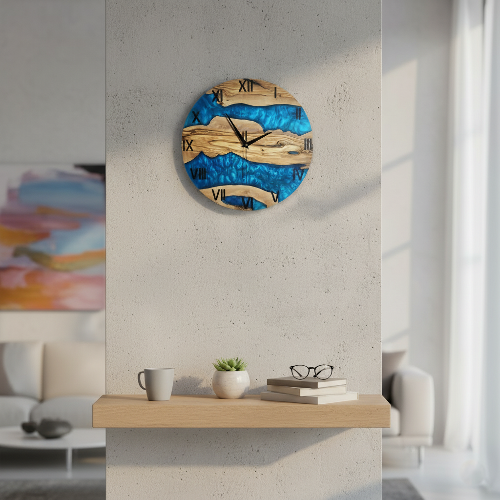 Aqua Roots | Resin & Olive Wood Wall Clock