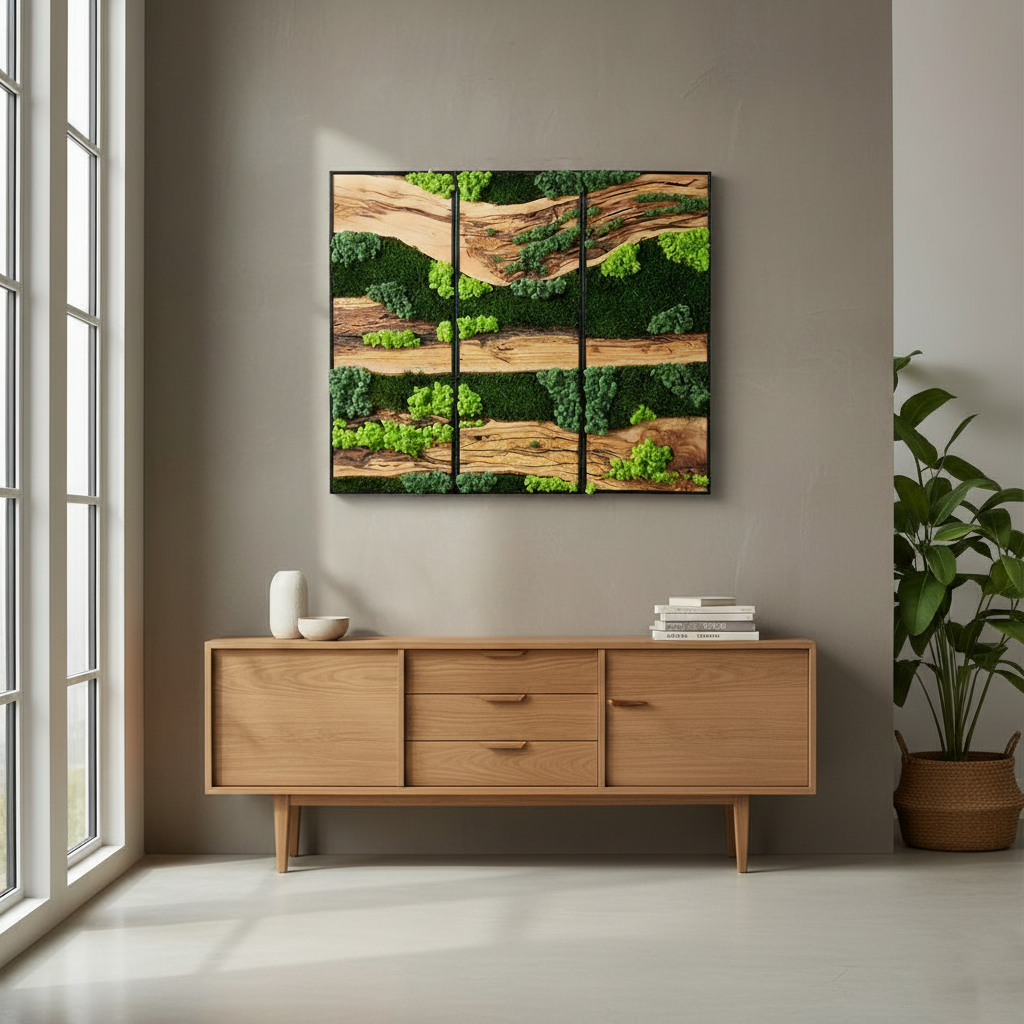 Green Horizon | Olive Wood and Pereserved Moss Wall Decor