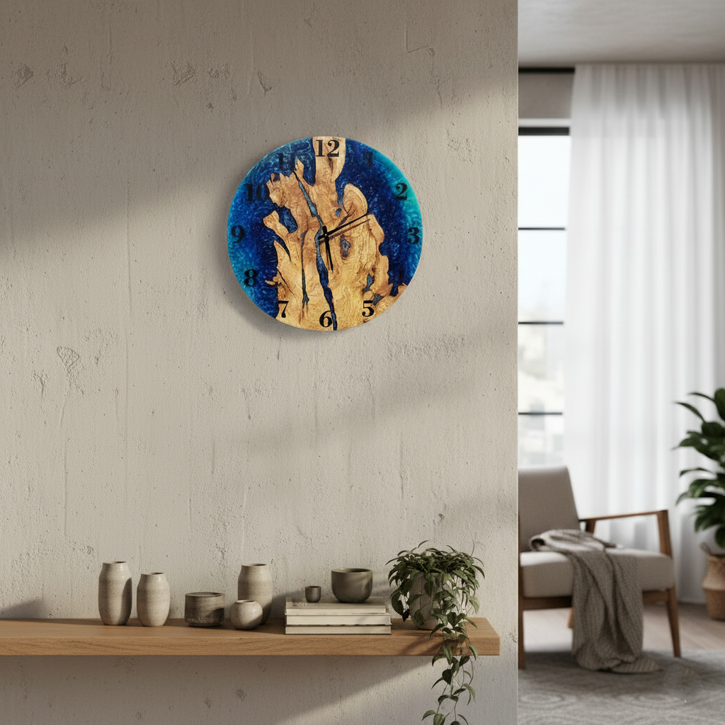Blue Serenity | Resin & Olive Wood Wall Clock