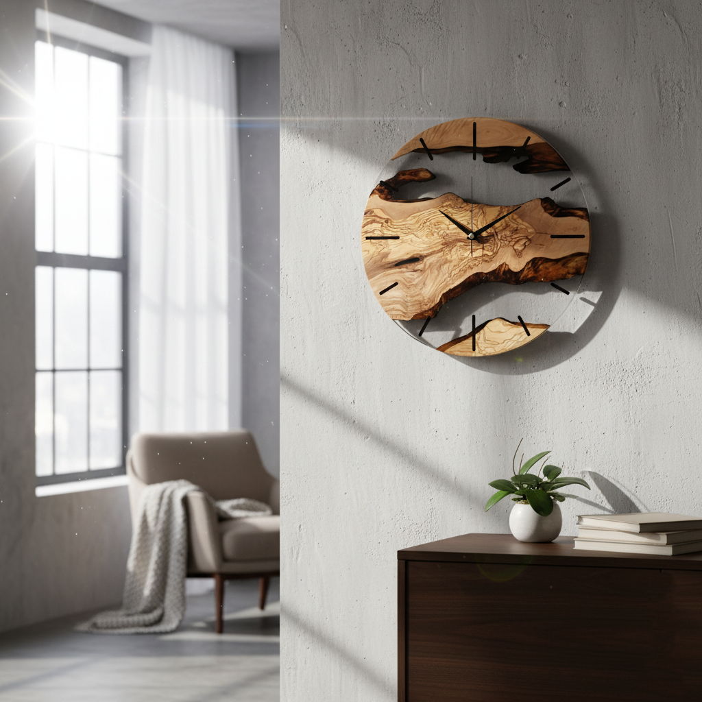 Transparent Earth | Resin & Olive Wood Wall Clock