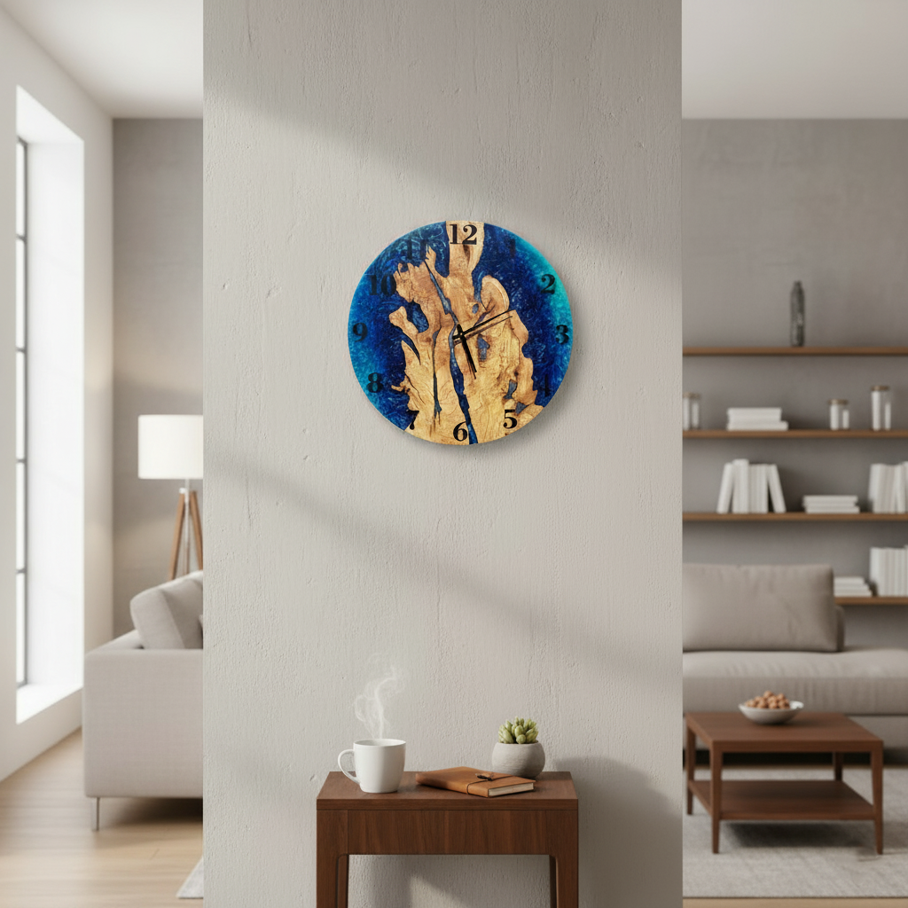Blue Serenity | Resin & Olive Wood Wall Clock