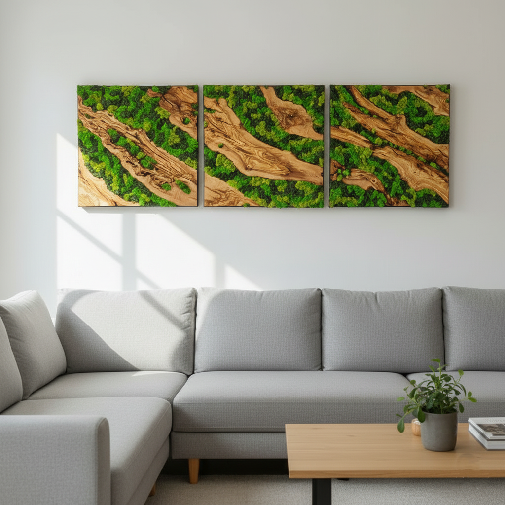 Earth’s Mosaic | Set of 3 Preserved  Moss and Olive Wood Wall Decor