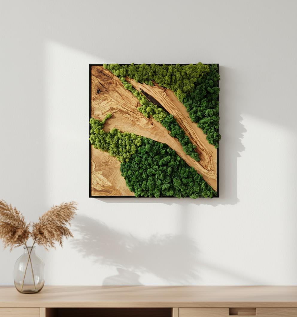 Moss and Olive Wood Wall Art | Metal Frame Moss Wall Decor