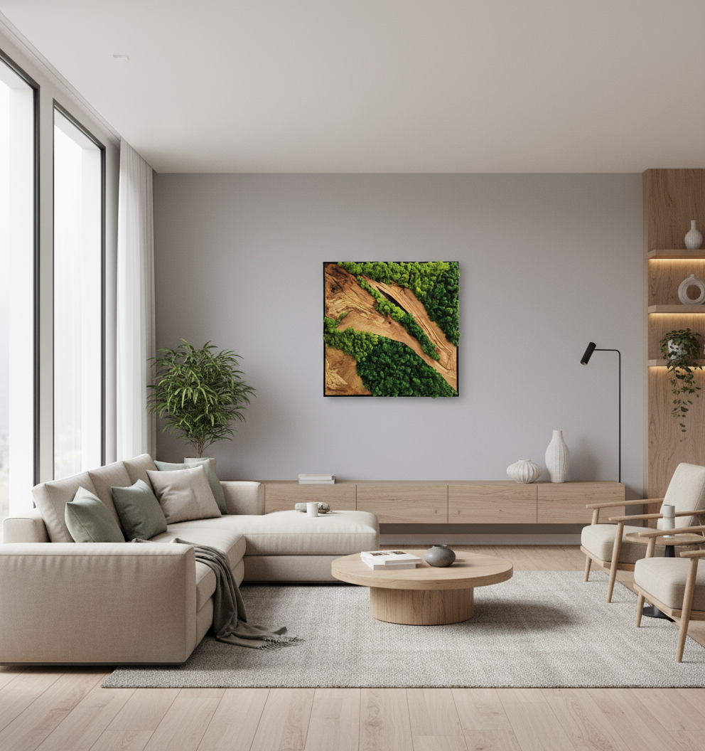 Moss and Olive Wood Wall Art | Metal Frame Moss Wall Decor