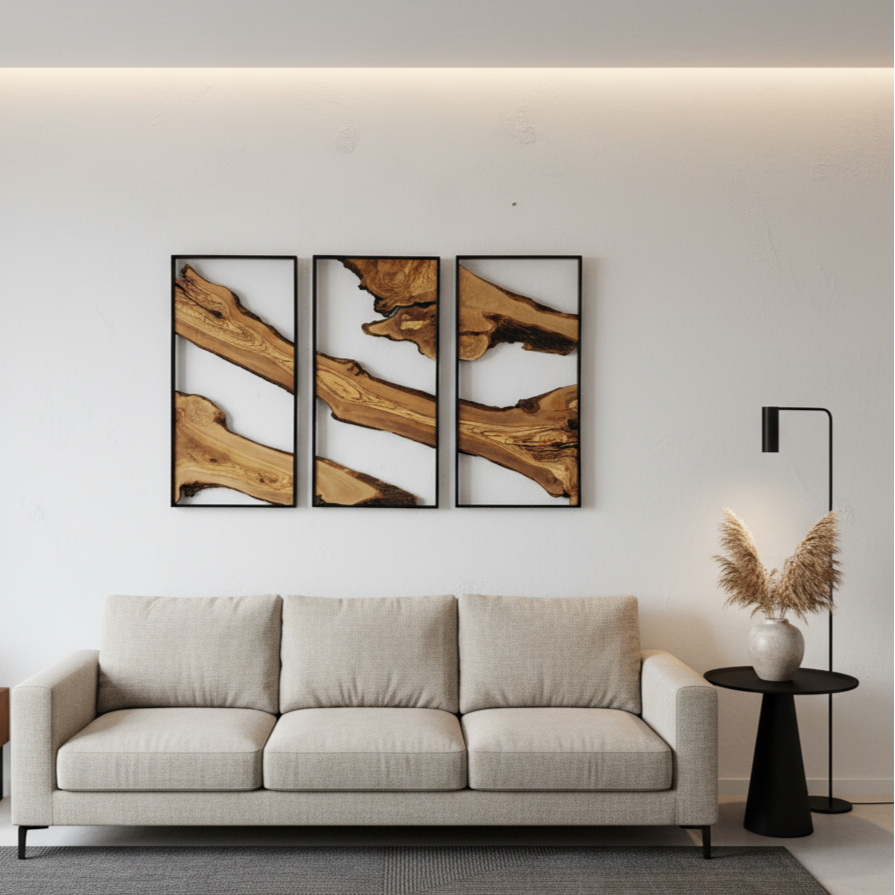 Set of 3 Metal and Wooden Wall Art | 3 Piece Olive Wood Wall Decor