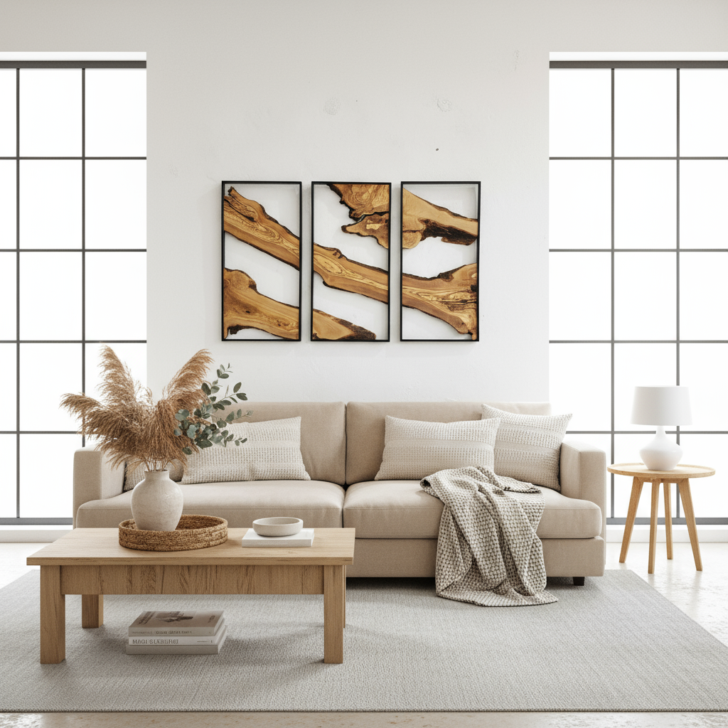 Set of 3 Metal and Wooden Wall Art | 3 Piece Olive Wood Wall Decor