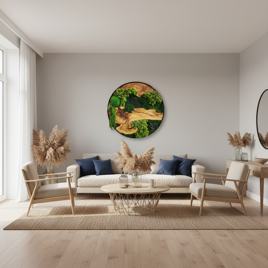 Moss and Olive Wood Wall Art in Metal Frame