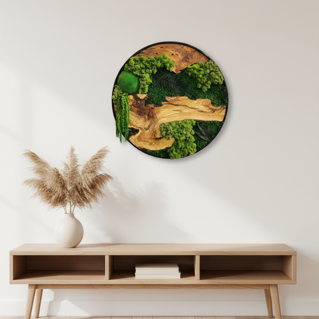 Moss and Olive Wood Wall Art in Metal Frame