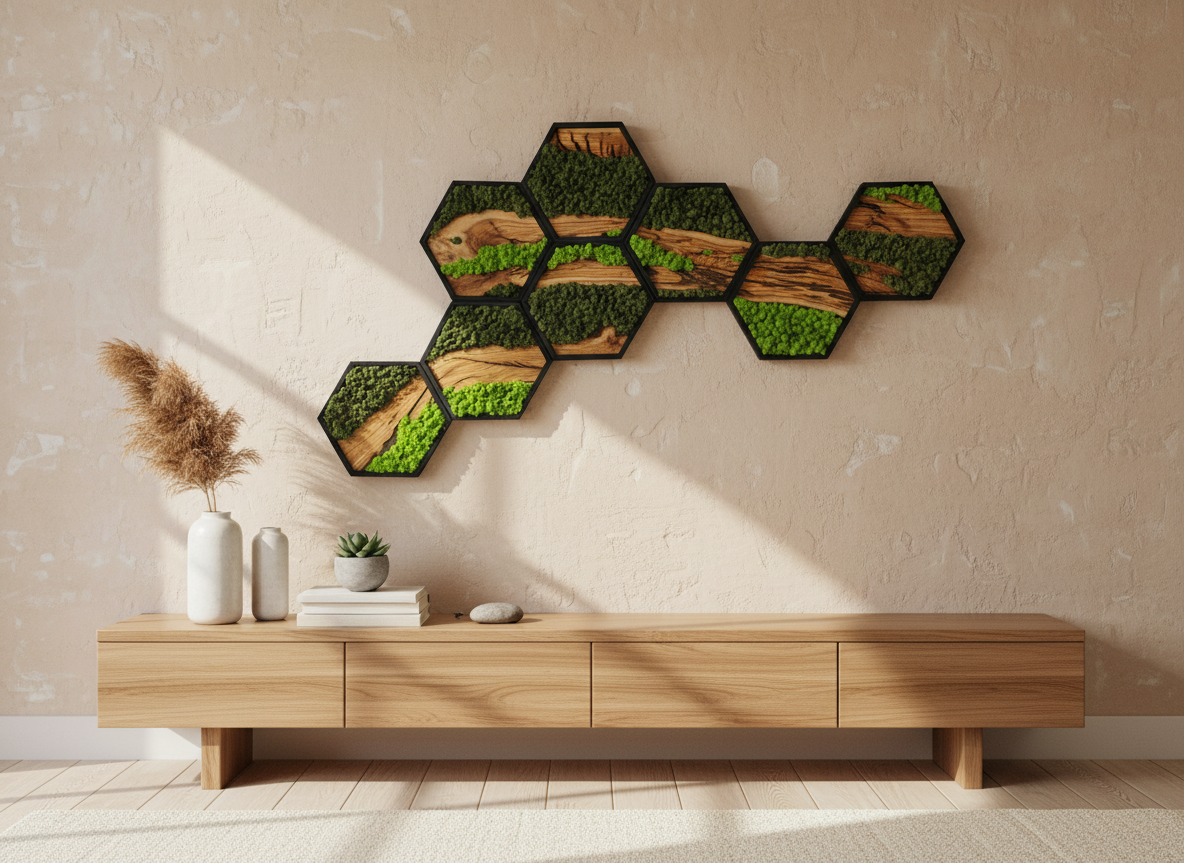 Hexagon Moss Wall Art | Olive Wood & Preserved Moss Design