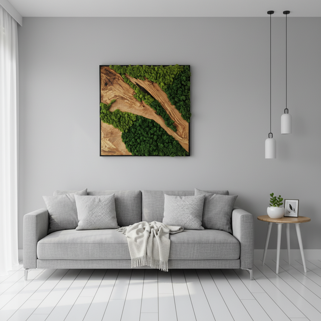 Moss and Olive Wood Wall Art | Metal Frame Moss Wall Decor