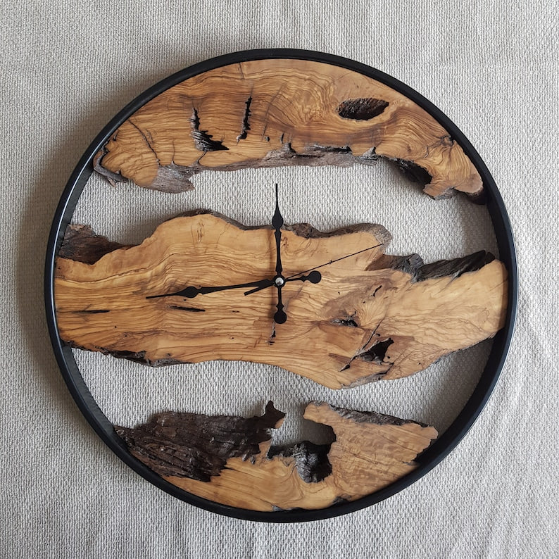 Custom Made Metal & Olive Wood Wall Clock, Wooden Wall Clock, Rustic Wall Clock, Unique Gift, Metal Clock, Home Gift, Housewarming gift BlackSeaResinWorks