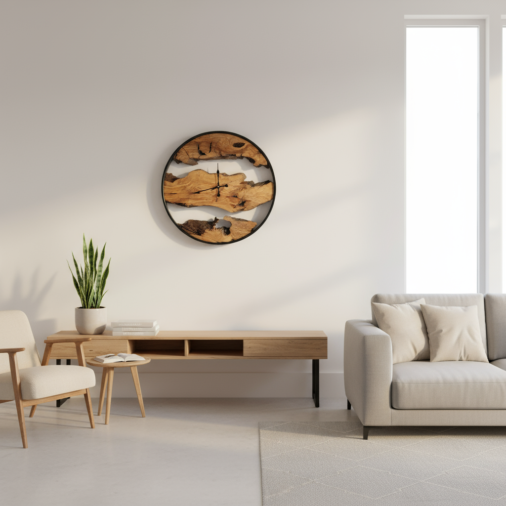 Olive Wood and Metal Wall Clock | Unique Rustic Home Decor