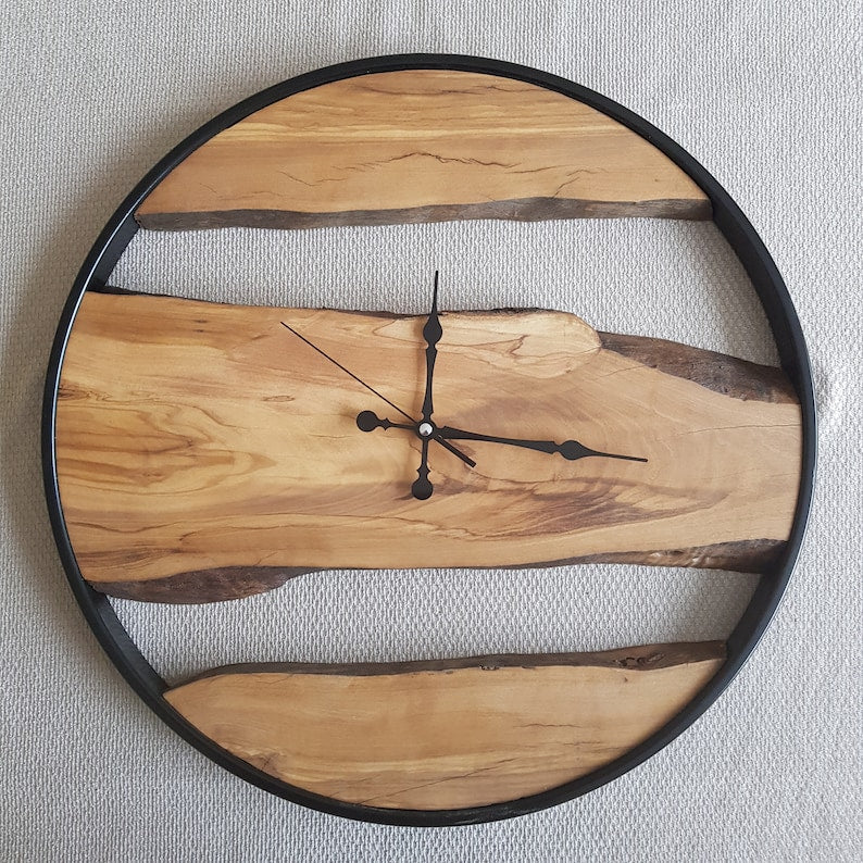 Custom Made Metal & Olive Wood Wall Clock, Wooden Wall Clock, Rustic Wall Clock, Unique Gift, Metal Clock, Home Gift, Housewarming gift BlackSeaResinWorks