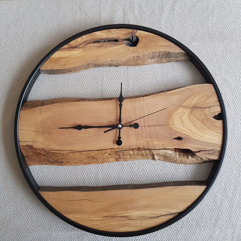Custom Made Metal & Olive Wood Wall Clock, Wooden Wall Clock, Rustic Wall Clock, Unique Gift, Metal Clock, Home Gift, Housewarming gift BlackSeaResinWorks