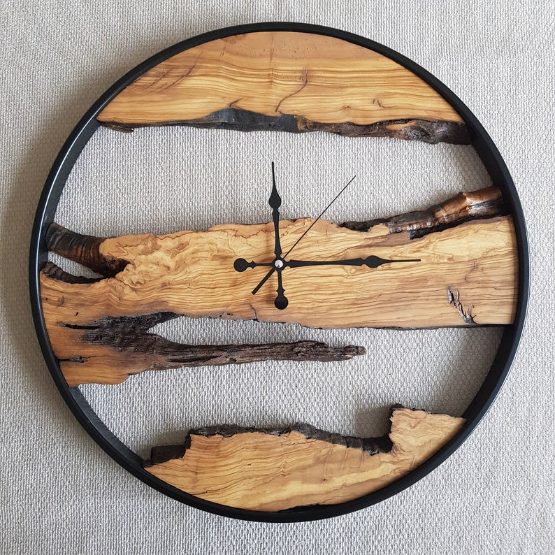 Custom Made Metal & Olive Wood Wall Clock, Wooden Wall Clock, Rustic Wall Clock, Unique Gift, Metal Clock, Home Gift, Housewarming gift BlackSeaResinWorks