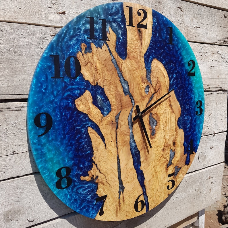 Blue Serenity | Resin & Olive Wood Wall Clock