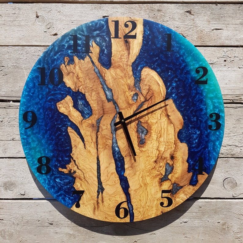 Blue Serenity | Resin & Olive Wood Wall Clock