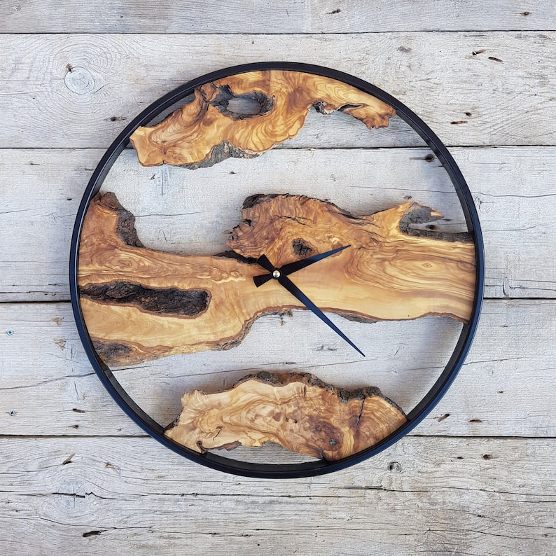 Custom Made Metal & Olive Wood Wall Clock, Wooden Wall Clock, Rustic Wall Clock, Unique Gift, Metal Clock, Home Gift, Housewarming gift BlackSeaResinWorks