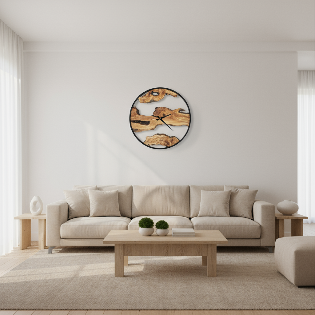 Olive Wood Wall Clock | Rustic Farmhouse Metal Clock