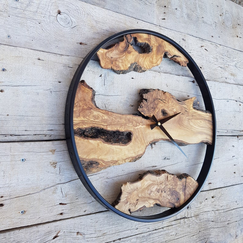 Custom Made Metal & Olive Wood Wall Clock, Wooden Wall Clock, Rustic Wall Clock, Unique Gift, Metal Clock, Home Gift, Housewarming gift BlackSeaResinWorks