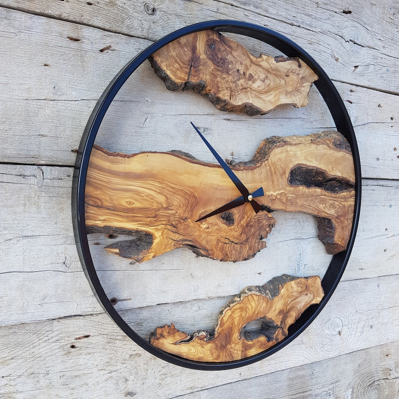 Custom Made Metal & Olive Wood Wall Clock, Wooden Wall Clock, Rustic Wall Clock, Unique Gift, Metal Clock, Home Gift, Housewarming gift BlackSeaResinWorks