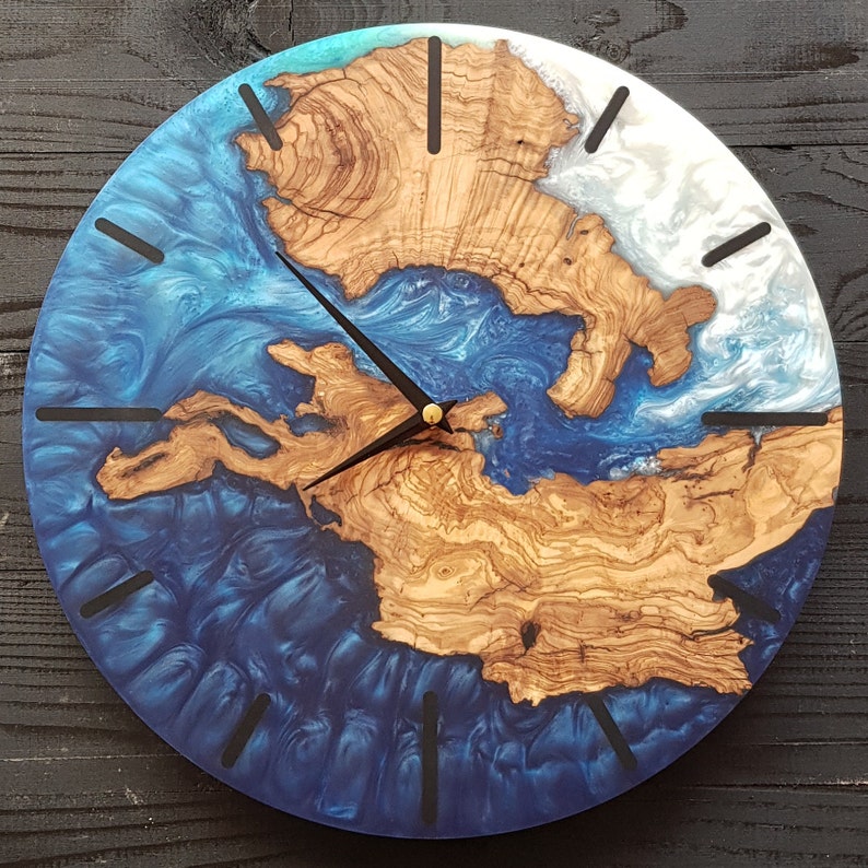 Custom Made Resin & Olive Wood Wall Clock, Made to order Epoxy and Olive Wood Wall Clock, Home gift, Live Edge Rustic Olive Wood Wall Clock BlackSeaResinWorks
