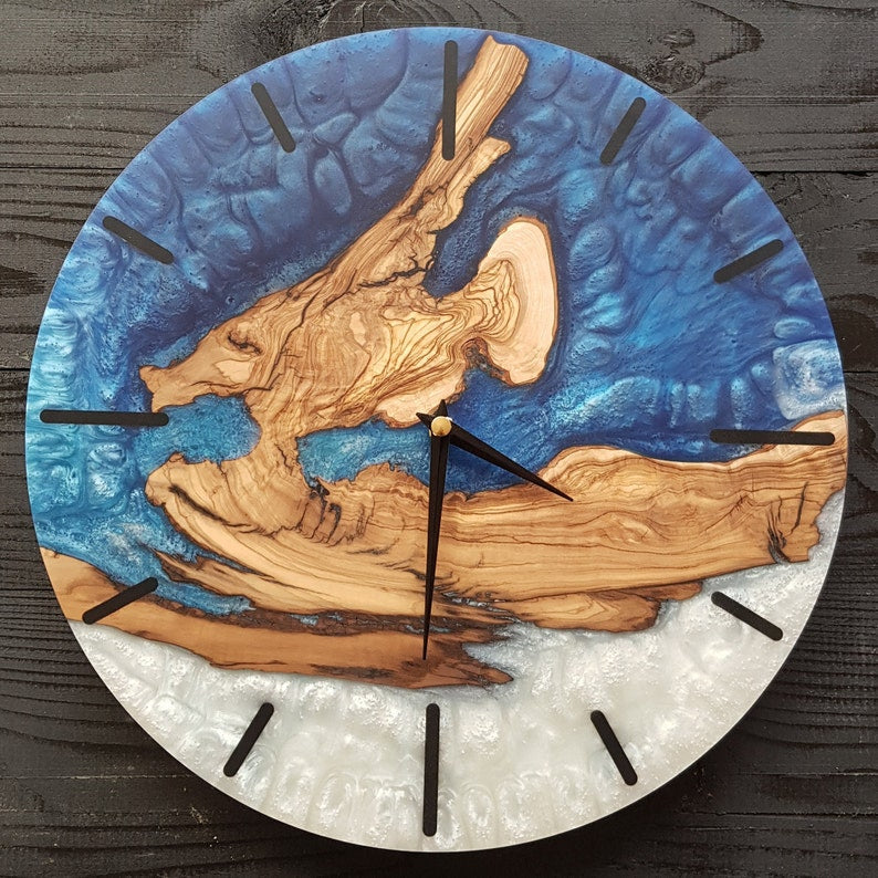 Custom Made Resin & Olive Wood Wall Clock, Made to order Epoxy and Olive Wood Wall Clock, Home gift, Live Edge Rustic Olive Wood Wall Clock BlackSeaResinWorks