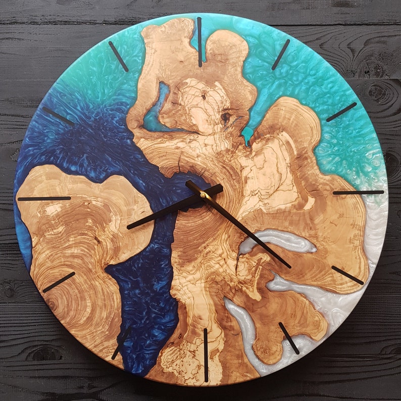 Custom Made Resin & Olive Wood Wall Clock, Made to order Epoxy and Olive Wood Wall Clock, Home gift, Live Edge Rustic Olive Wood Wall Clock BlackSeaResinWorks